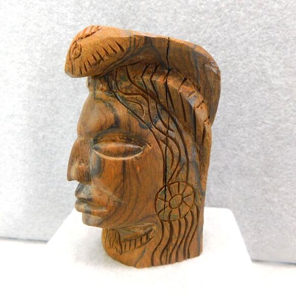 Vintage Carved Solid Wood Indian Native American Head Sculpture - Picture 2 of 8